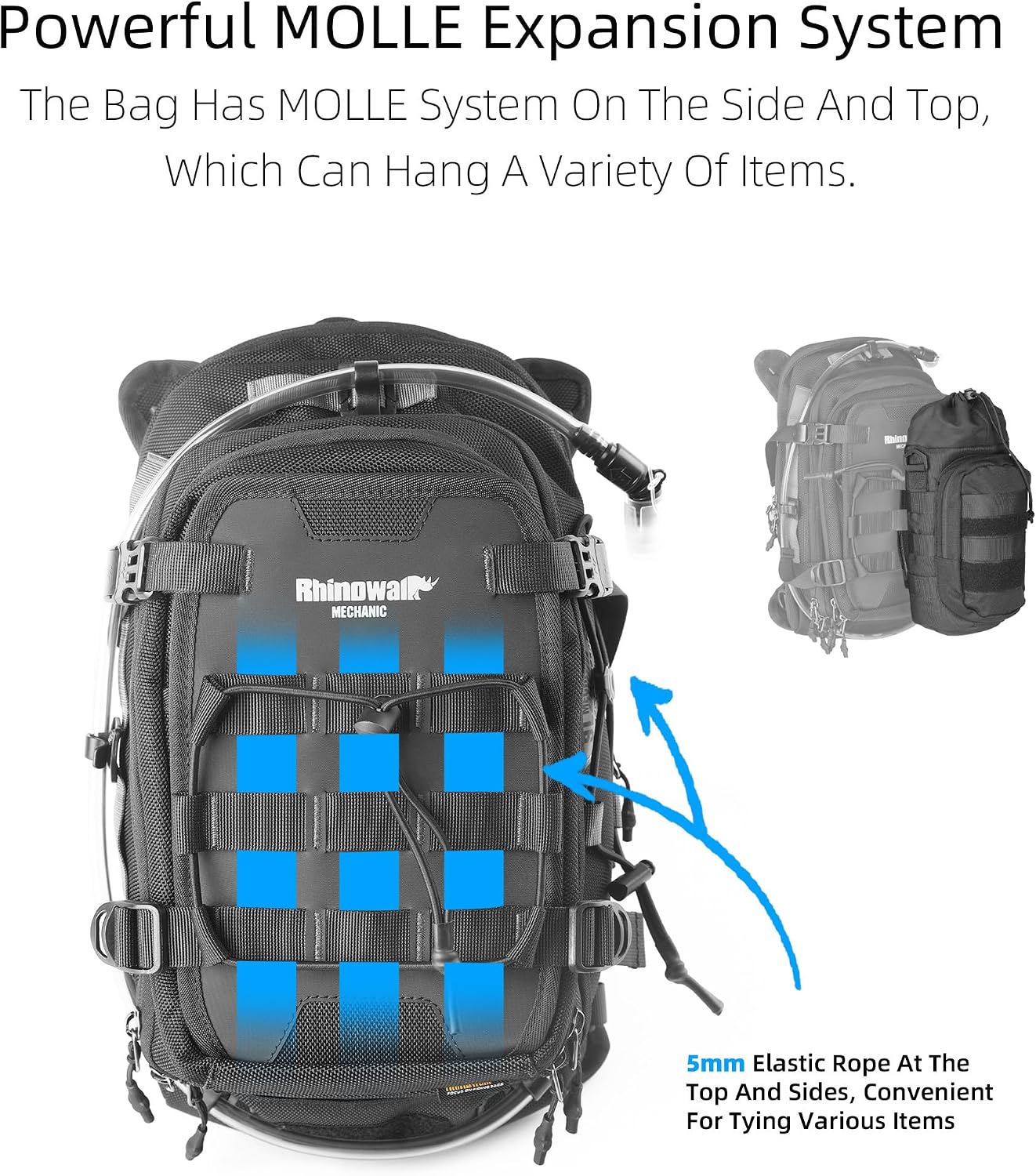 motorcycle tank bag backpack, separate water bag, duffel bag with molle system, fits most adventure and sport motorcycle frames