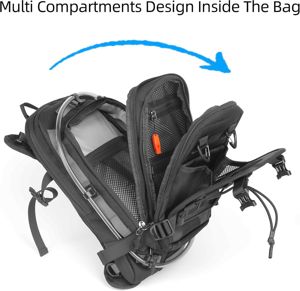 motorcycle tank bag backpack, separate water bag, duffel bag with molle system, fits most adventure and sport motorcycle frames