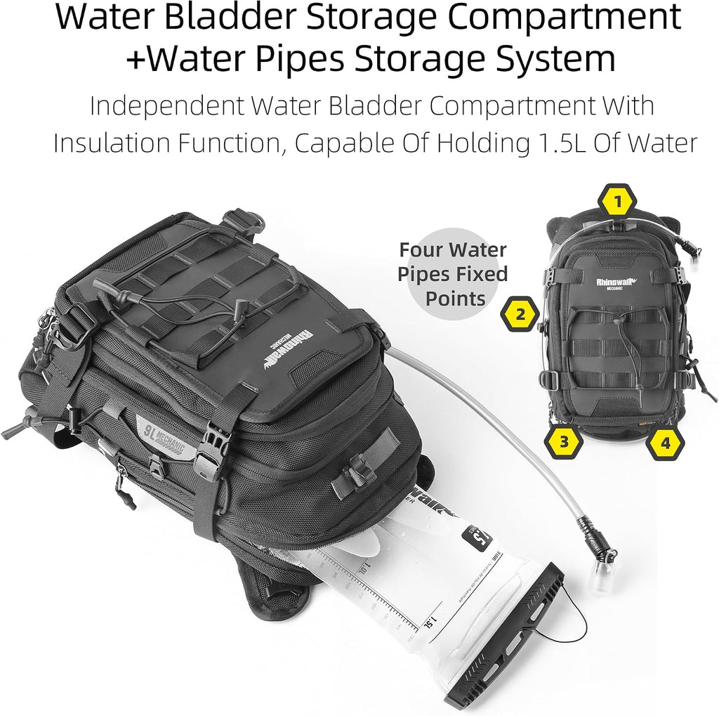 motorcycle tank bag backpack, separate water bag, duffel bag with molle system, fits most adventure and sport motorcycle frames