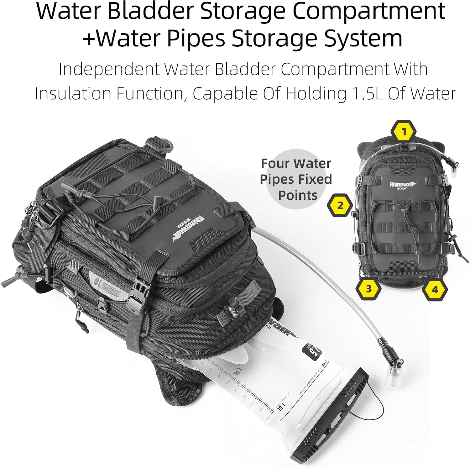motorcycle tank bag backpack, separate water bag, duffel bag with molle system, fits most adventure and sport motorcycle frames