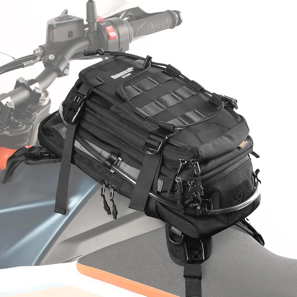 motorcycle tank bag backpack, separate water bag, duffel bag with molle system, fits most adventure and sport motorcycle frames