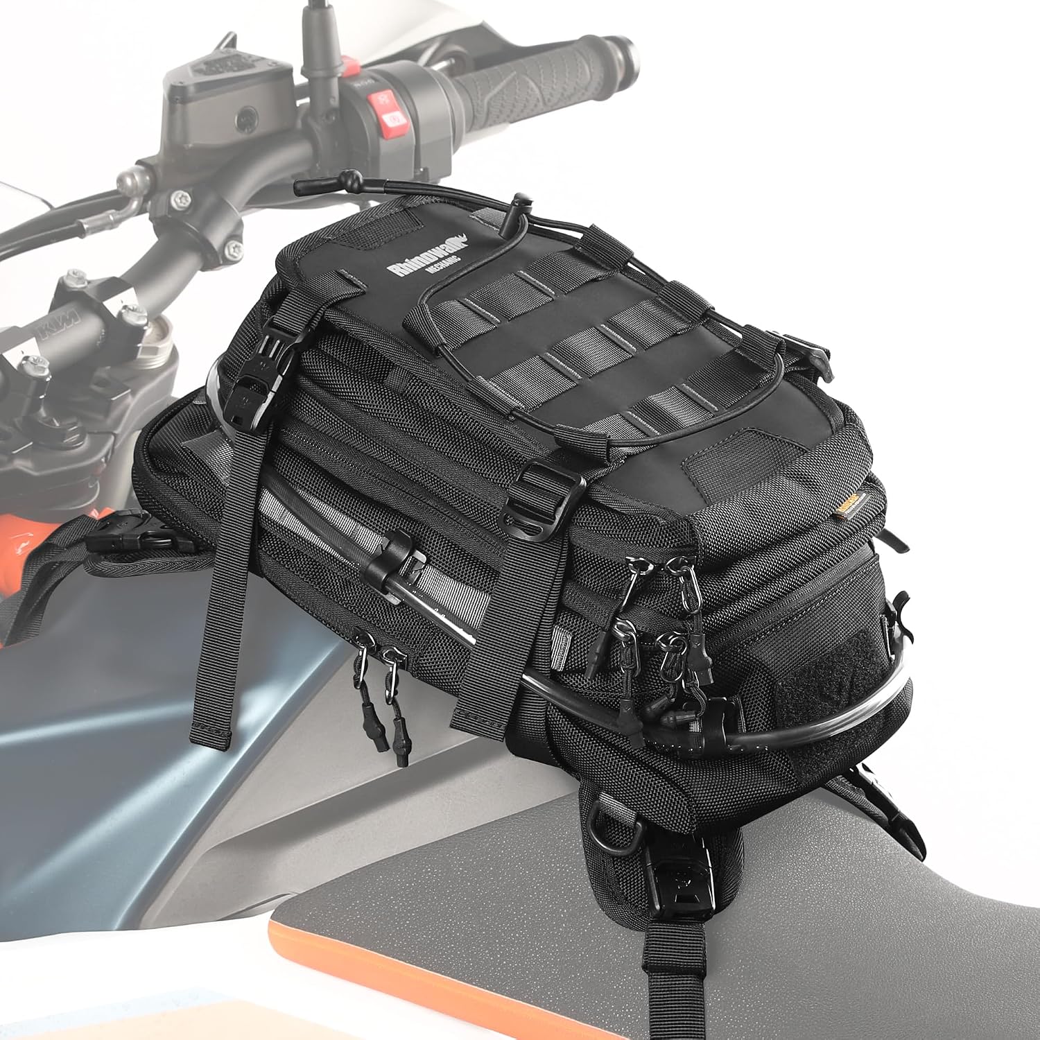 motorcycle tank bag backpack, separate water bag, duffel bag with molle system, fits most adventure and sport motorcycle frames