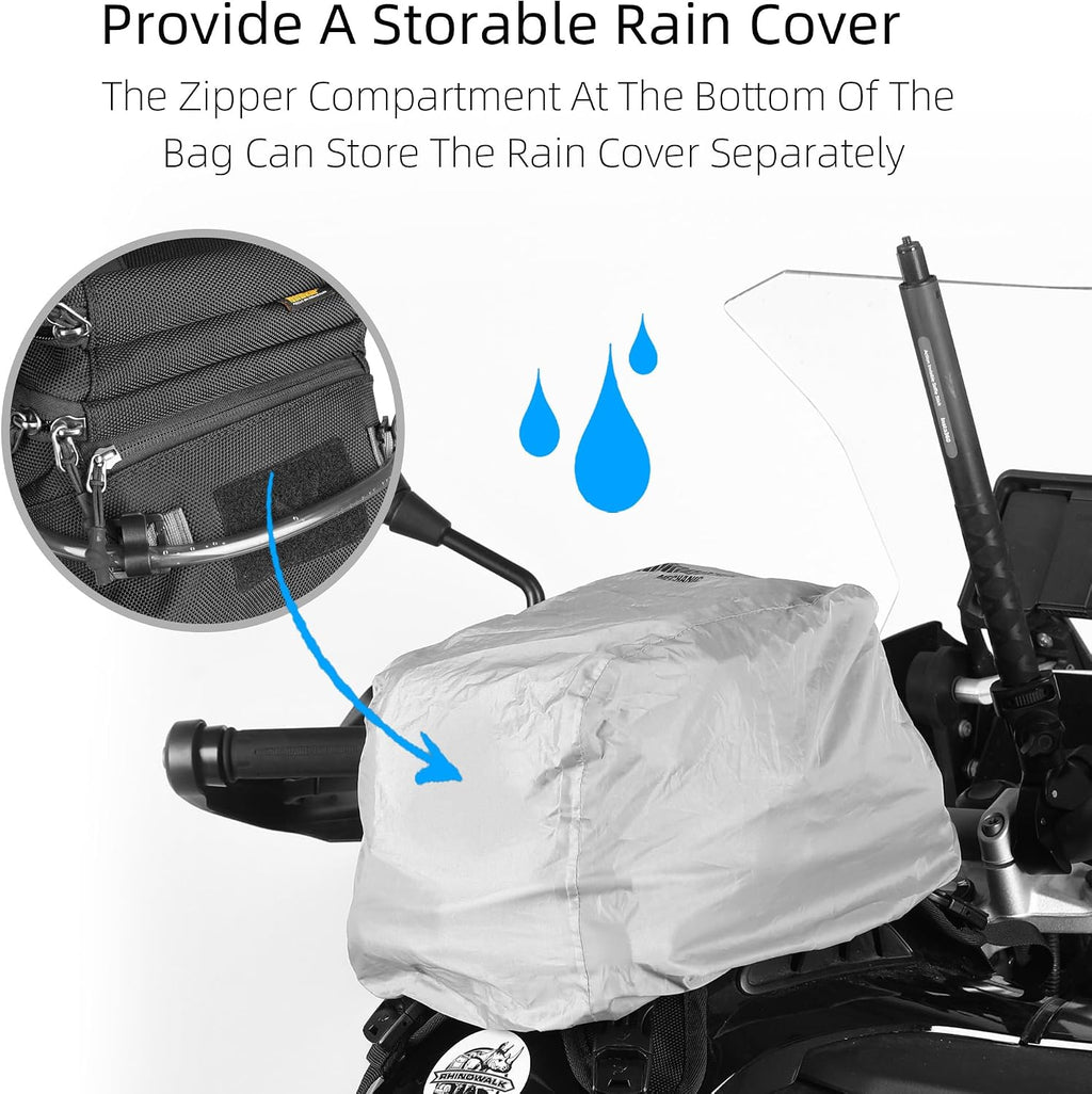 motorcycle tank bag backpack, separate water bag, duffel bag with molle system, fits most adventure and sport motorcycle frames